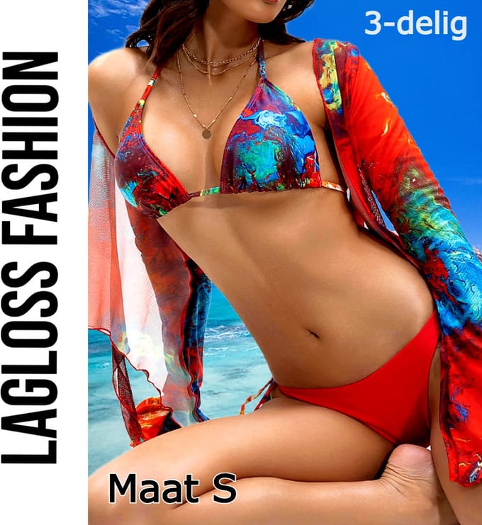 LaGloss® Rode Tye-dye print Bikini Set 3-delig – Met Cover-up – Halter & Striksluiting – Maat S