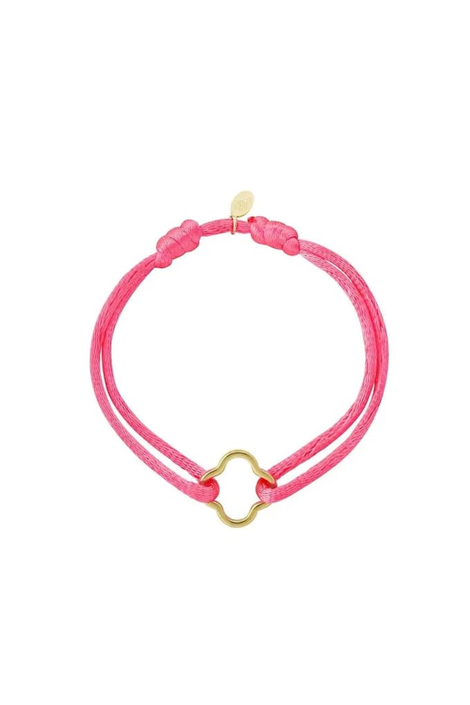 Satijnen armband klaver neon Fuchsia RVS