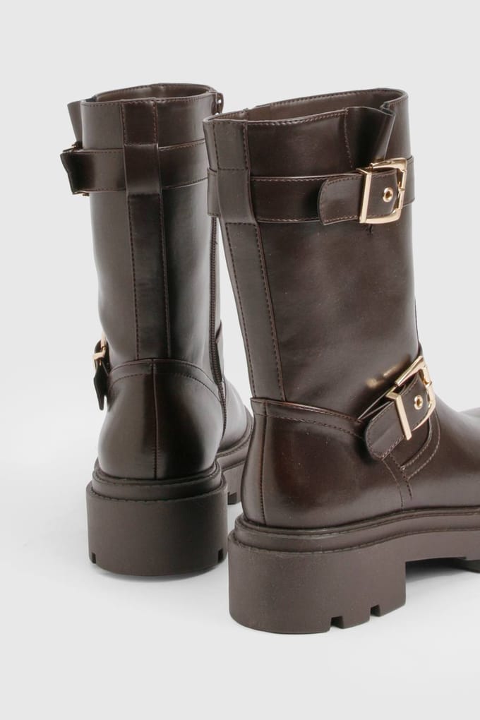 boohoo Dames Hikerlaarzen met dubbele gespdetails | Chocoladebruin | Maat: 41