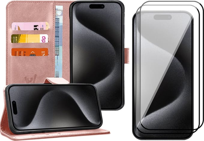 Hoesje geschikt voor iPhone 15 Pro - 2x Screen Protector FullGuard - Book Case Kunstleer Pasjeshouder Rosegoud & Screenprotector