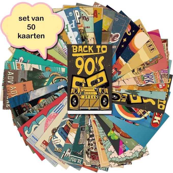 Set van 50 verschillende kaarten Back To The Nineties - ansichtkaarten - vintage - stevig karton - blanco achterzijde - 15x10 cm
