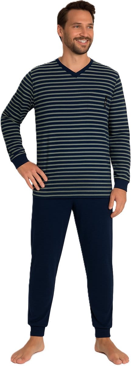 Outfitter - Heren pyjama lange mouw - blauw gestreept - maat M