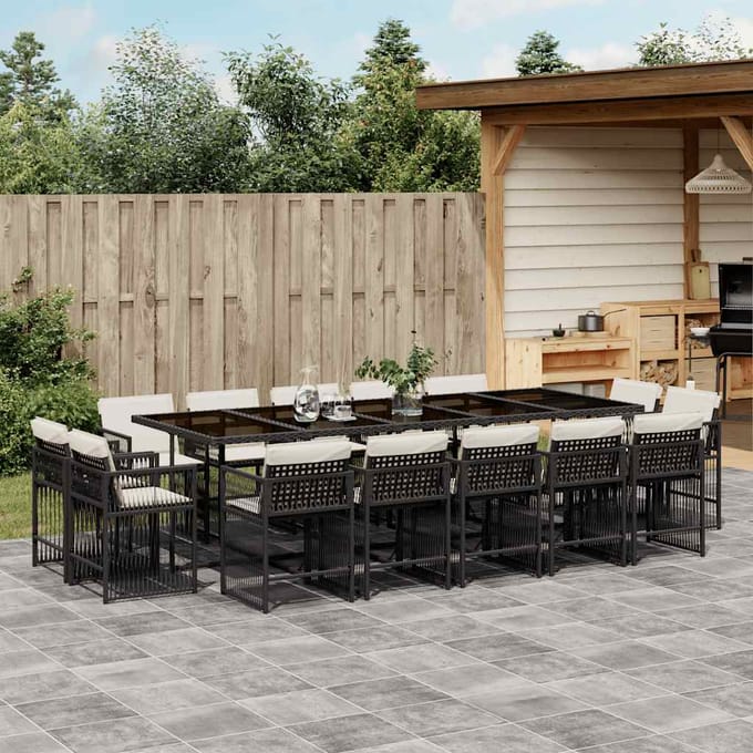vidaXL - 15-delige - Tuinset - met - kussens - poly - rattan - zwart