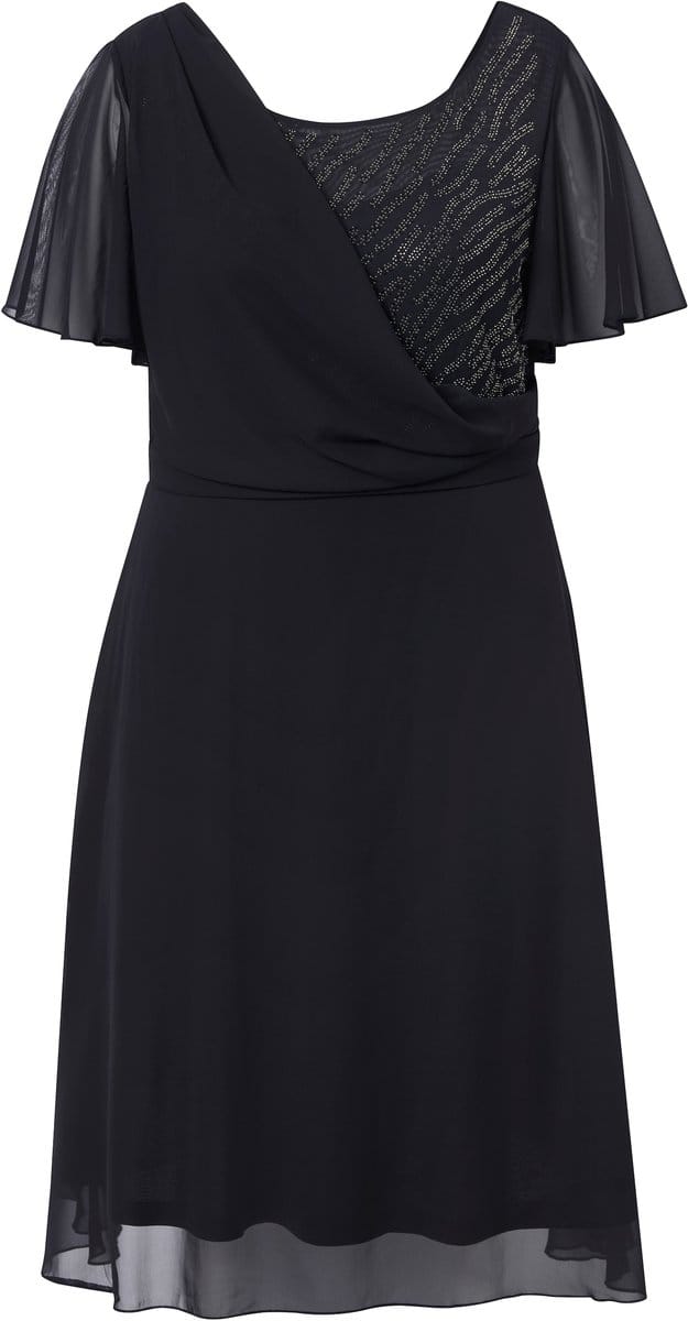 Ulla Popken - Dames - Midi-avondjurk chiffon gedrapeerd - Zwart - Maat 50