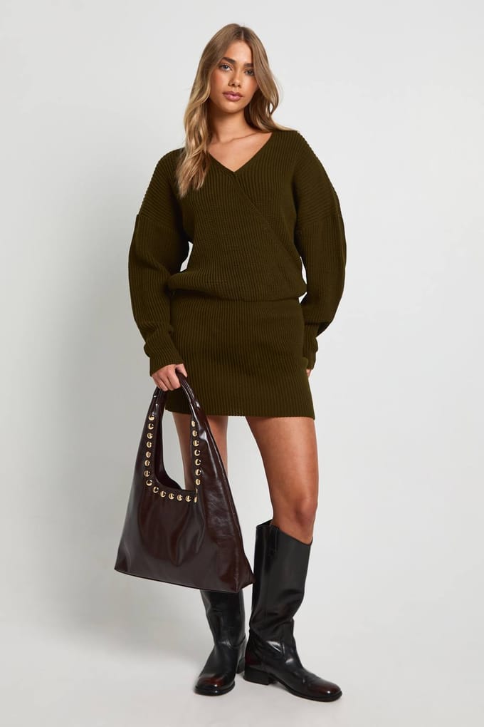 boohoo Dames Gebreide mini-jurk met wikkelvoorkant | Khaki | Maat: Small