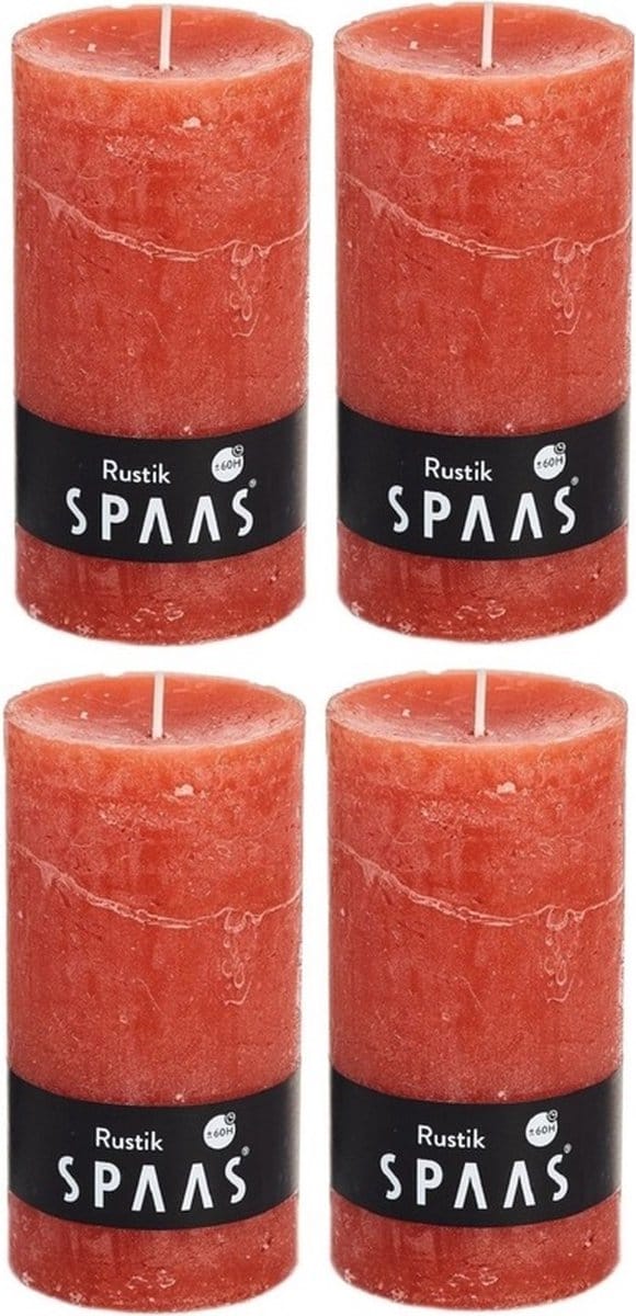 Spaas rustieke cilinderkaars/stompkaars - 4x - oranje - 7 x 13 cm - 60 branduren