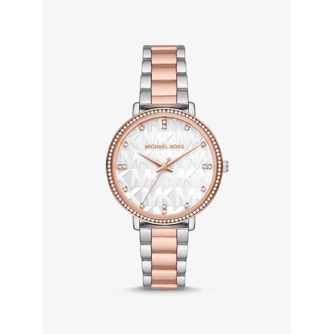 Michael Kors Pyper Tweekleurig Reliëf Logo Horloge MK4667 rosé gouden kleur