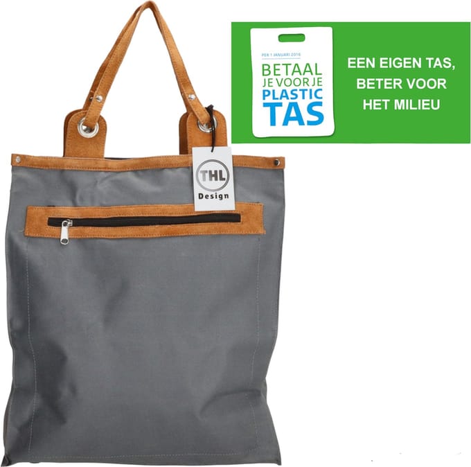THL Design - Sterke Boodschappentas - Shopper - Leren Handvatten - Grijs