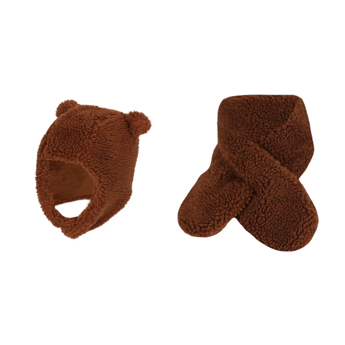 Baby Sjaal & Muts - Set - Teddy Wol - One Size - Midden Bruin / 1-2 Jaar