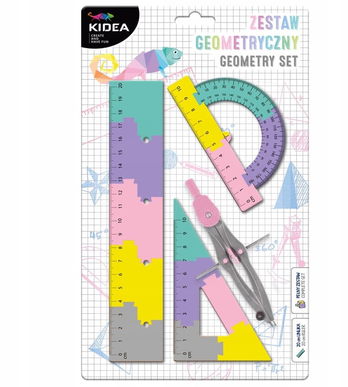 Kidea Geometrie Set Pastel 4 Delen 20cm Liniaal Passer Hoekmeter