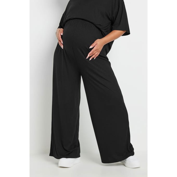 Bump It Up Maternity Geribbelde Premium Broek Met Wijde Pijpen In Zwart Size 52