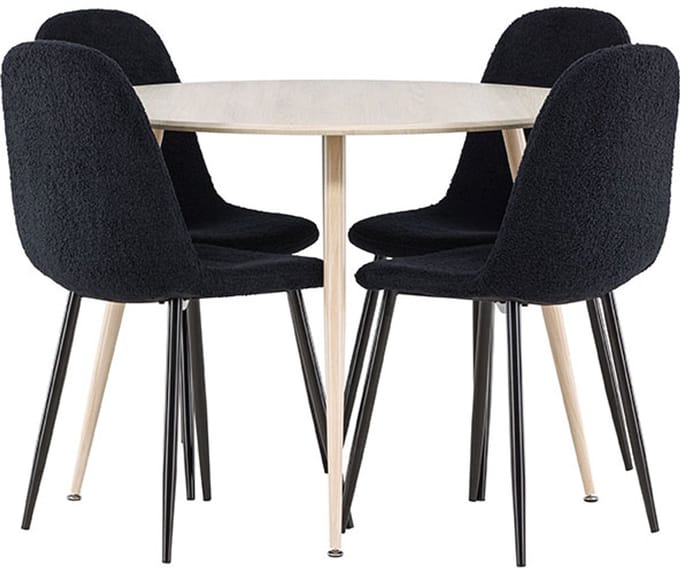 Plaza eethoek tafel Ø100cm en 4 teddy stoelen whitewash.