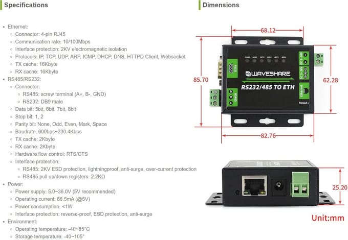 Industrieel RS232/RS485 naar Ethernet Converter met Dubbele Seriële Poorten - TCP/UDP Client en Server