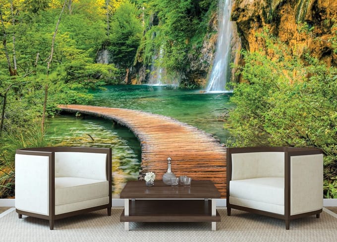Path Sea Mountains Waterfall Forest Photo Wallcovering