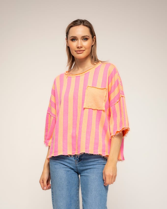 Gestreepte sweatshirt met korte mouwen, zakken en gerafelde afwerking
