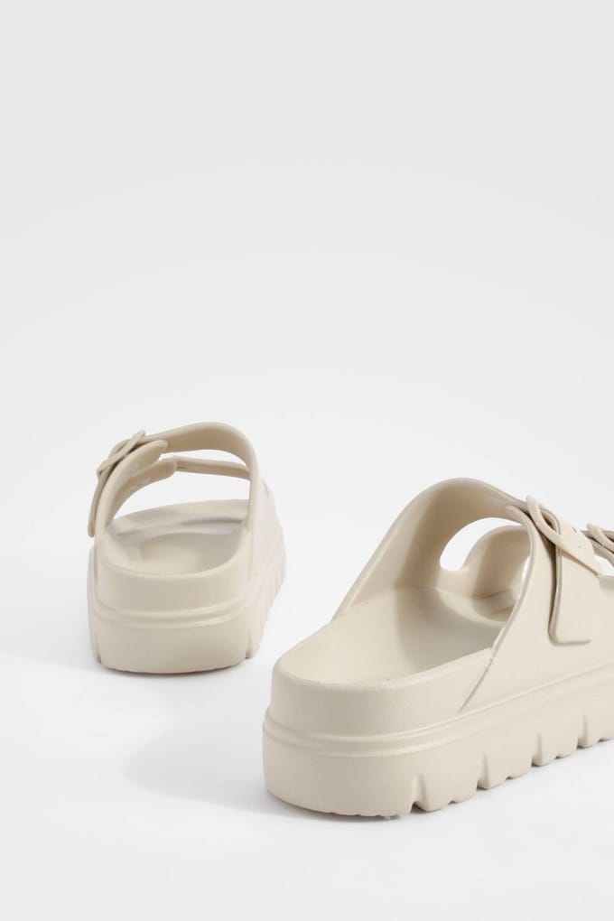 boohoo Dames Wide Fit Dubbele Riem Gespen Sliders | Beige | Maat: 36