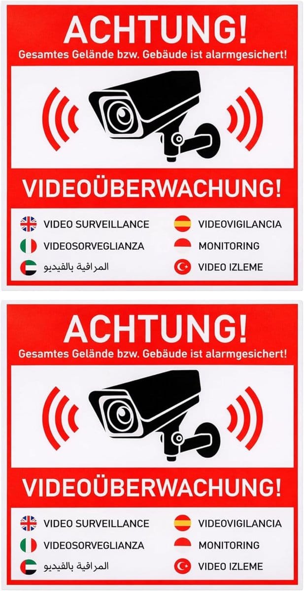 Waarschuwingssticker Videobewaking - Camera Sticker - Beveiliging Terrein - 7 Talen - 10x10cm