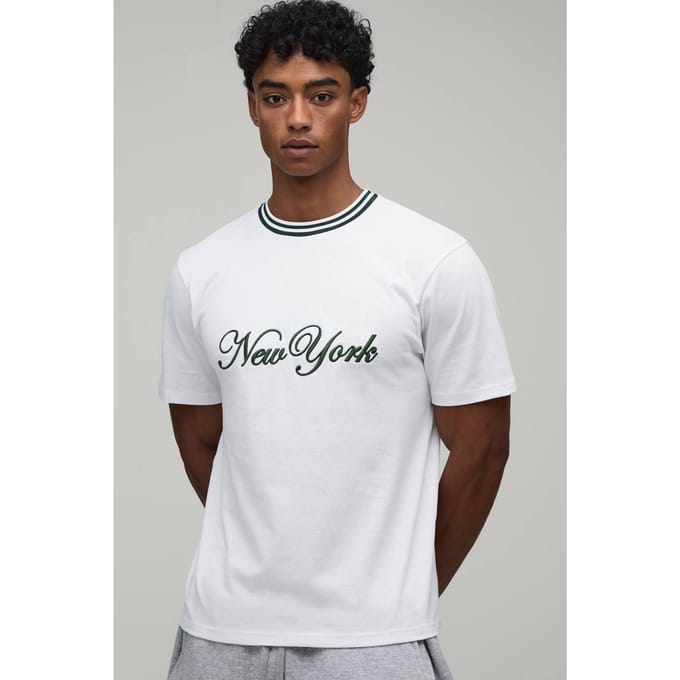 Regular Fit New York Hi-Build Embroidered T-Shirt | White | Size Large