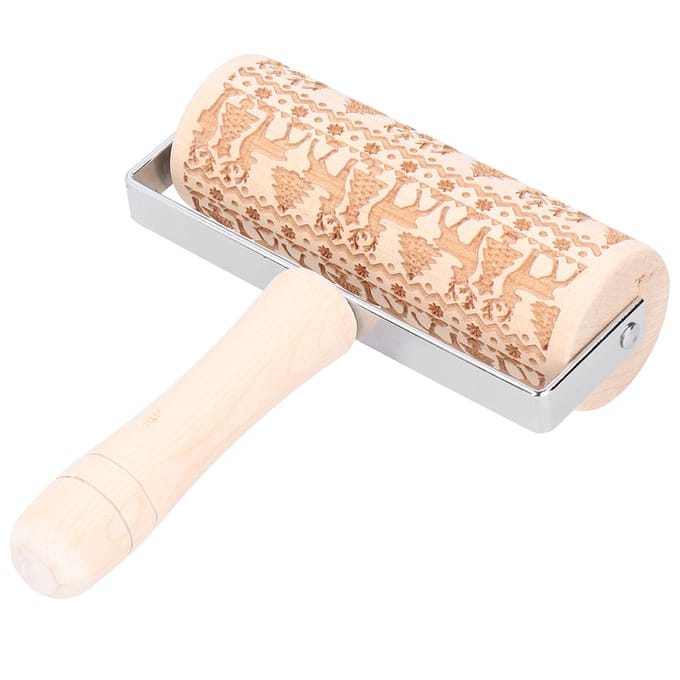 Rouleau à pâtisserie de Noël en bois de Noël gravé en relief Rouleau à pâtisserie Bâton à pâte Outil de cuisson Élan beige