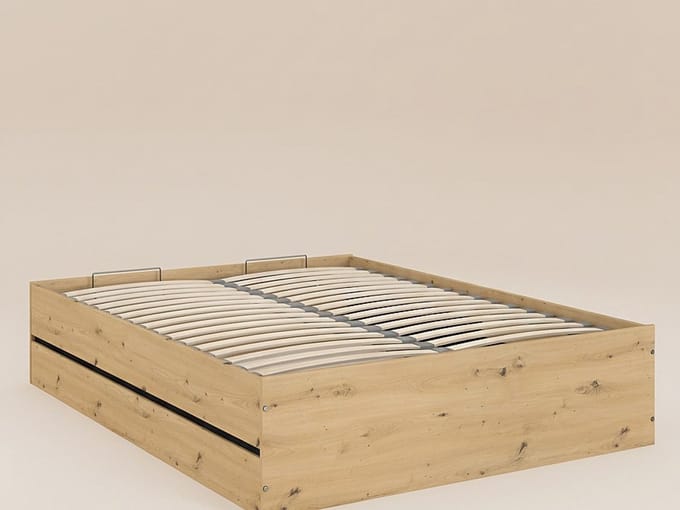 Vente-unique Bed met opbergruimte hout zwart, natuurlijk licht 140 x 190 cm