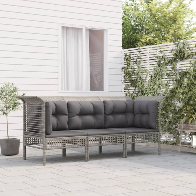 vidaXL - 3-delige - Loungeset - met - kussens - poly - rattan - grijs