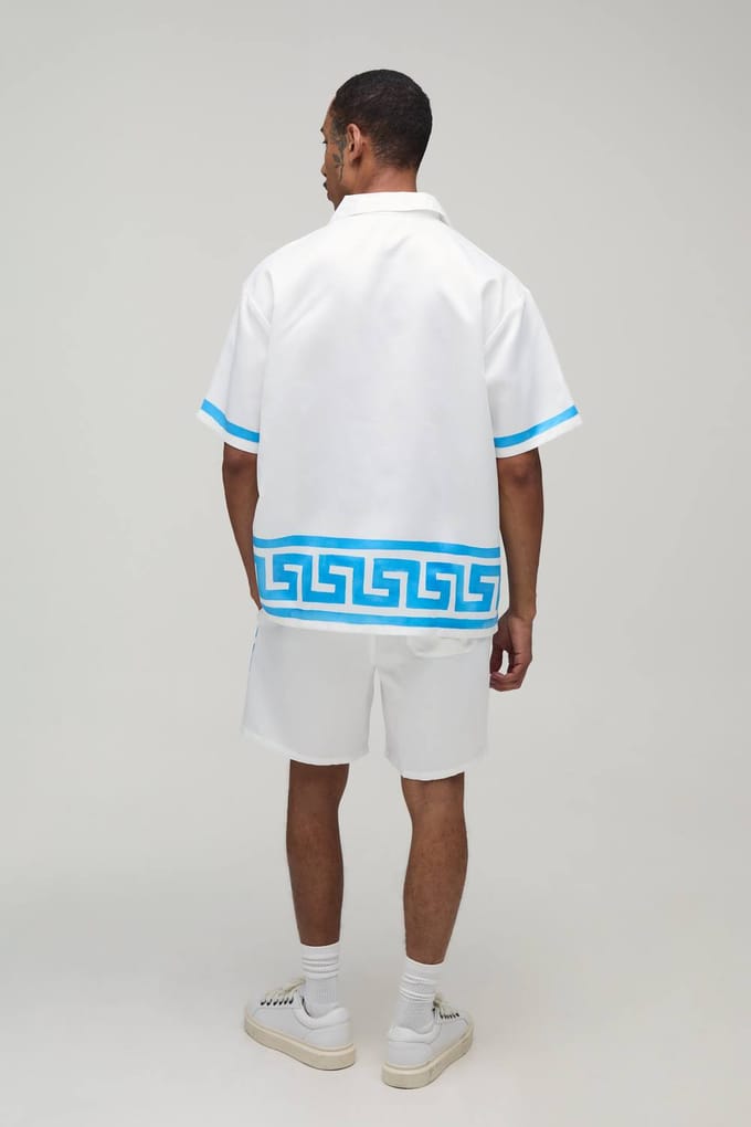 Oversized Short Sleeve Abstract Boarder Print Satin Shirt & Short Set | Blue | Size Medium