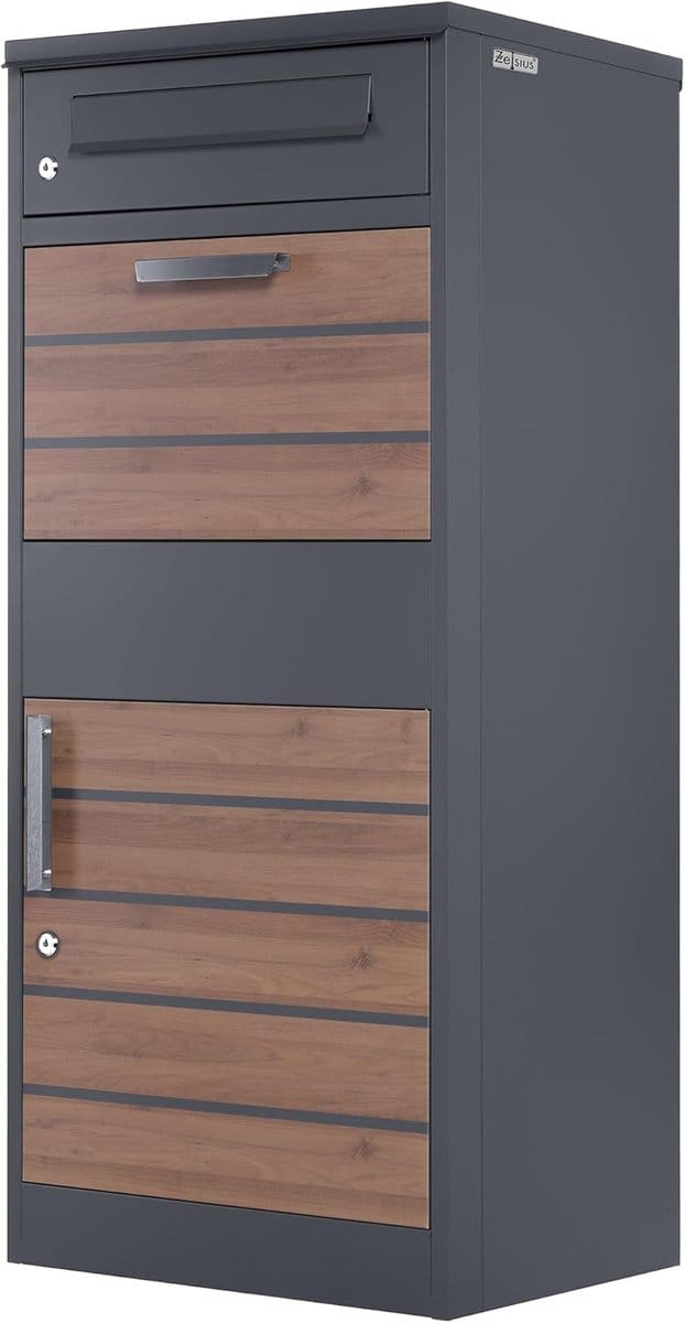 Zelsius Parcel mailbox | RAL7016 Anthracite | galvanised powder-coated steel with dark brown wood look elements | Mailbox with parcel compartment, integrated recoil protection, floor mounting package box