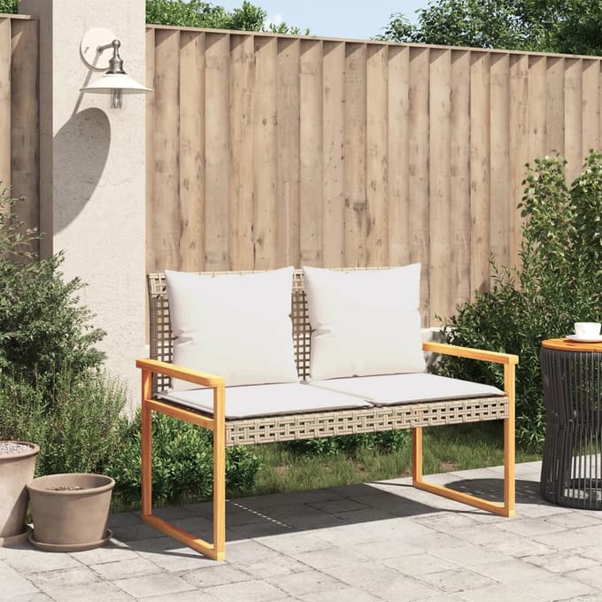 vidaXL - Tuinbankje - met - kussen - poly - rattan - en - acaciahout - gemengd - beige