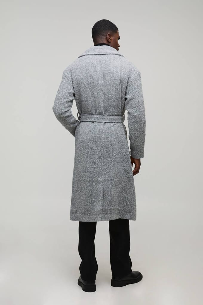 Oversized Single Breasted Shawl Collar Self Belted Longline Boucle Overcoat | Grey | Size Small