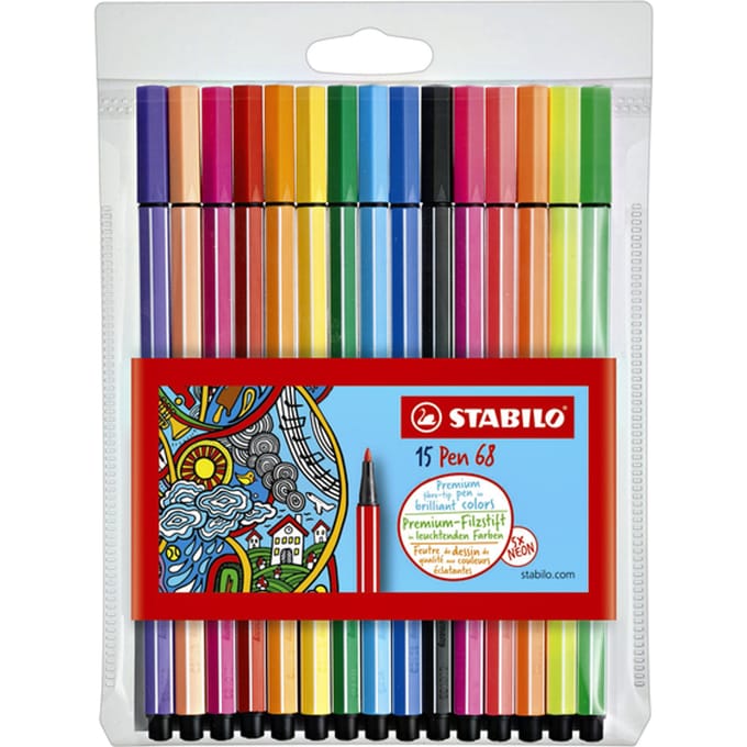 STABILO Pen 68 - Premium Viltstift - 15 Stuks Etui - 10 Standaard + 5 Neon Kleuren