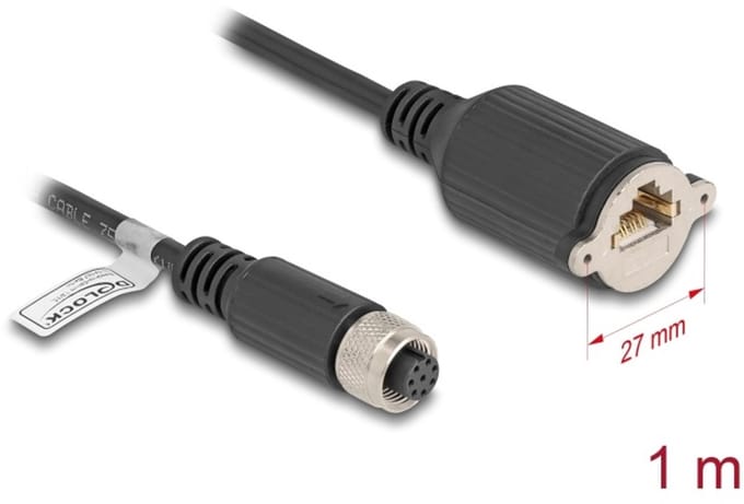 Delock M12 Cable A-coded 8 pin female to RJ45 jack for installation Cat.5e FTP 1 m black