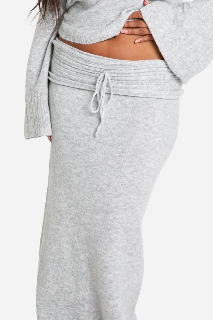 boohoo Dames Plus gebreide maxi-rok met ribrand en vetersluiting | Grijs | Maat: 44-46