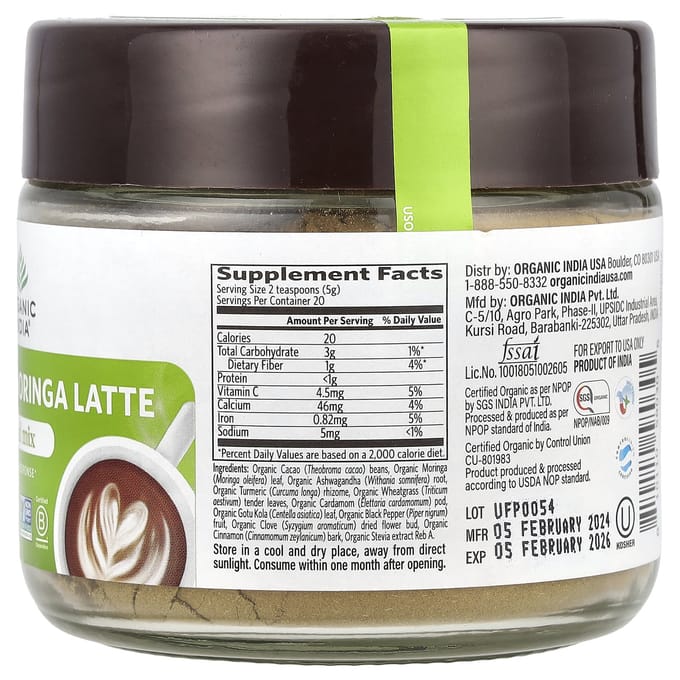 Organic India, Chocolate Moringa Latte, Superfood Mix, 3.52 oz (100 gr)