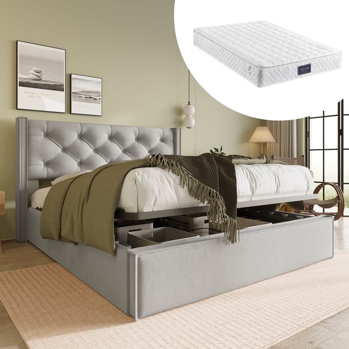 MODFU Bedframe 140x200 cm – Katoen lichtgrijs – Met hydraulische opbergruimte, retro design & matras