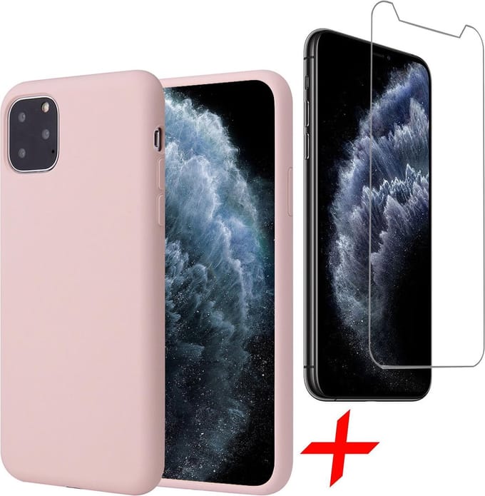 Hoesje geschikt voor iPhone 11 Pro Max - Screenprotector GlassGuard - Roze Liquid Siliconen Case