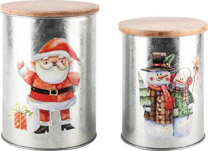 Dekoratief | Set 2 bewaarpotten 'Santa/Snowman', hout/metaal, 12x12x16cm | A248234