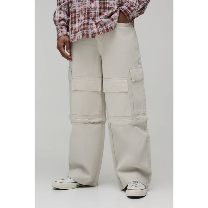 Wijde Cargo Jeans Met Ritssluiting Afneembare Pijpen | Stone | Size 38