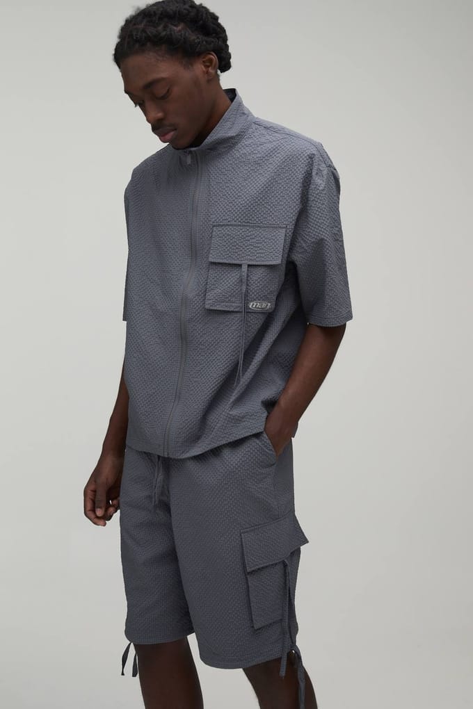 Oversized Funnel Neck Textured Ripstop Cargo Shirt & Longline Short Set | Charcoal | Size Medium