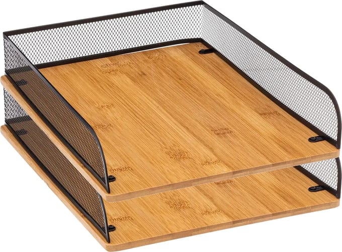 5Five kantoor brievenbak/postbakje A4 formaat - 2x - zwart mesh - bamboe