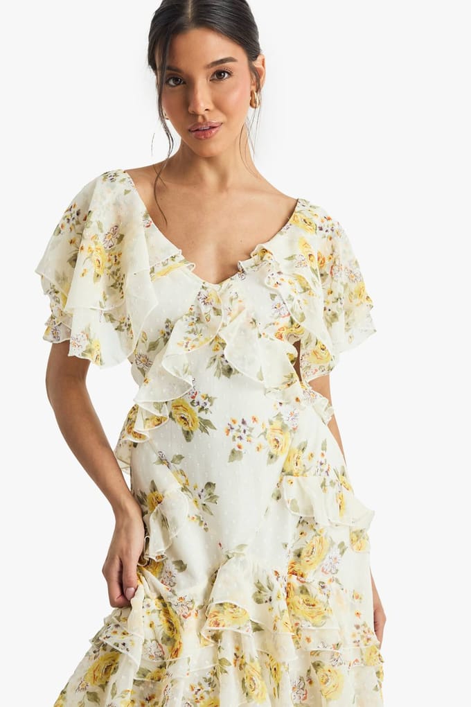 boohoo Dames Bloemen Ruffle Midi Jurk | Ivoor | Maat: 36