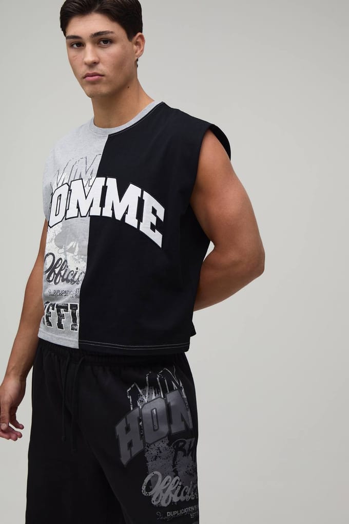 Boxy Length Spliced Homme Applique Tank & Baggy Short Set | Grey Marl | Size Medium