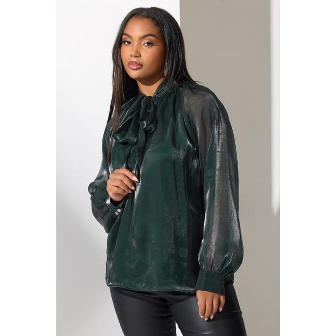 Yours London Groene Glinsterende Strik Organza Blouse Size 48