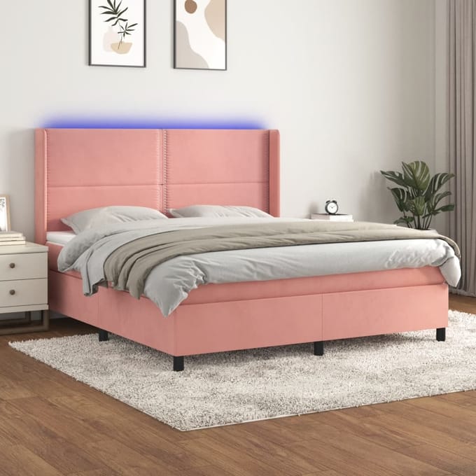 vidaXL - Boxspring - met - matras - en - LED - fluweel - roze - 160x200 - cm