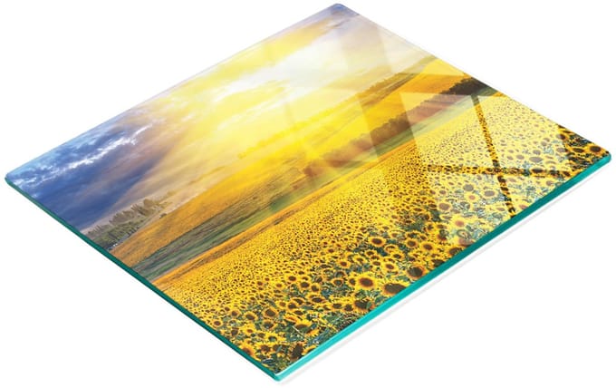Keukenplank van gehard glas met afbeelding van een zonnebloemveld, 60x52 cm