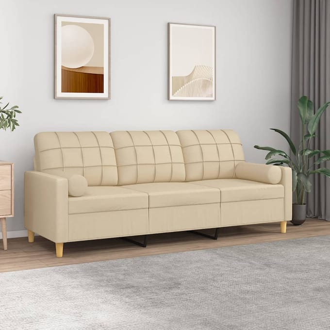 vidaXL - Driezitsbank - met - sierkussens - 180 - cm - stof - crèmekleurig