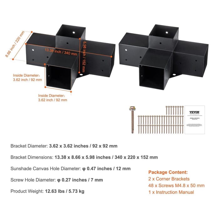 Pergola Beugel Kit 4''x4'', Binnenmaat 3.6 x3.6 2 stuks 4-Weg Robuuste Hoekbeugel Houtbewerking Doe-het-zelf Paalvoet Kit, Eenvoudige Installatie Houten Balken voor