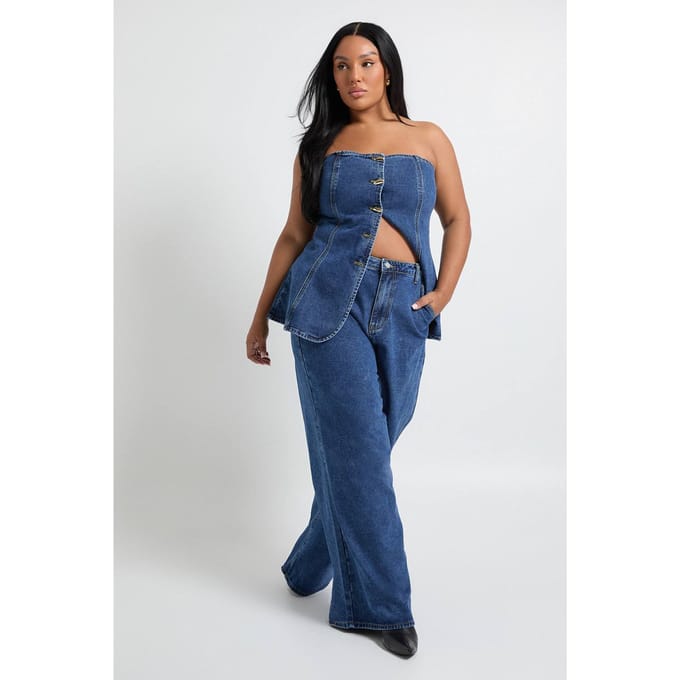 boohoo Dames Plus Mid Rise Wide Leg Jean | Indigo | Maat: 16