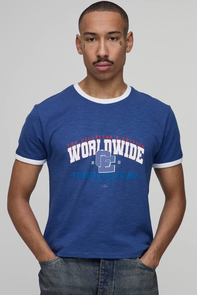 Collector's Edition Wereldwijd Ringer Gekrompen Boxy T-shirt | Navy | Size Medium
