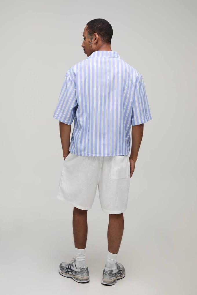 Oversized Overhemd Met Korte Mouwen, Reverskraag En Streeppatroon | Light Blue | Size Large