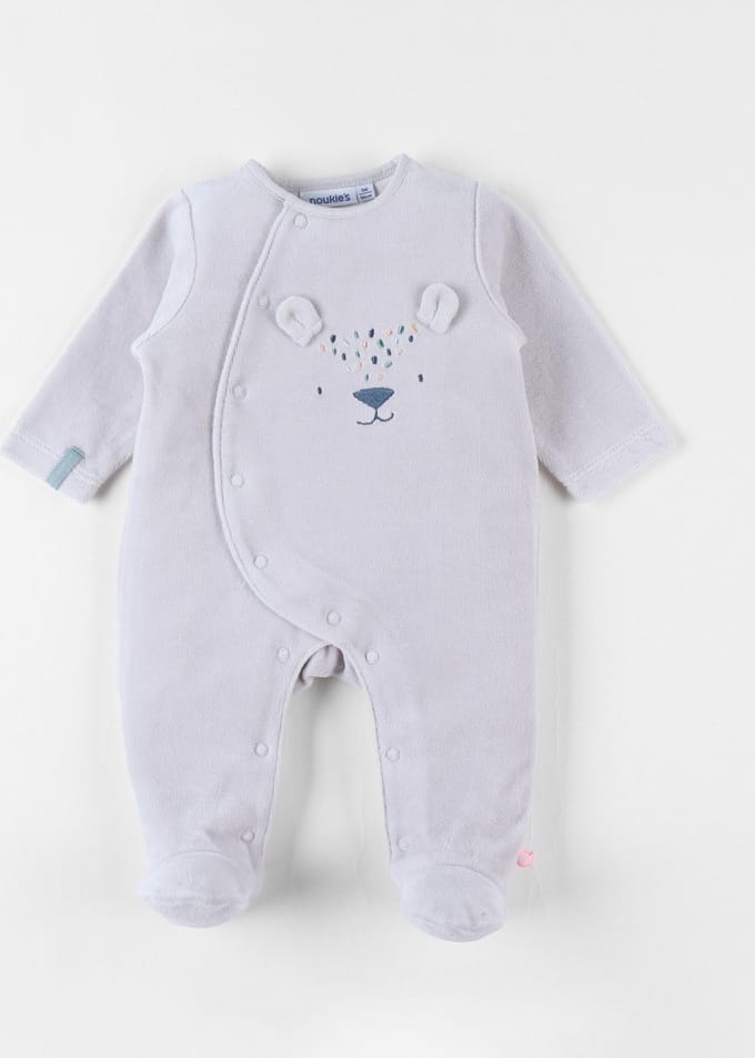 Noukie's - Pyjama - Velour - Unie - Lichtgrijst - Beertje - 12 maand 80